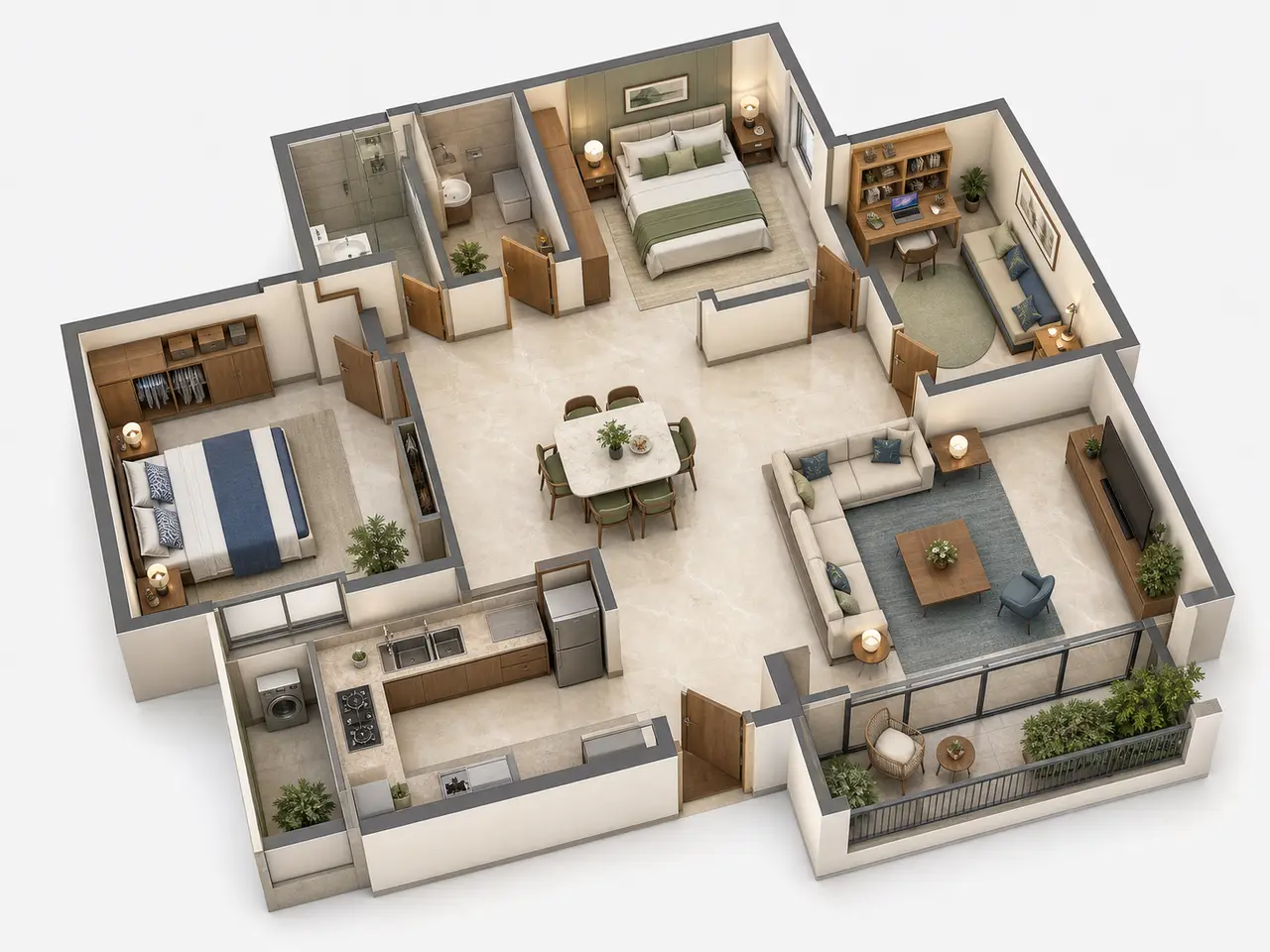 3D cutaway showing a two-bedroom apartment with a flexible study room