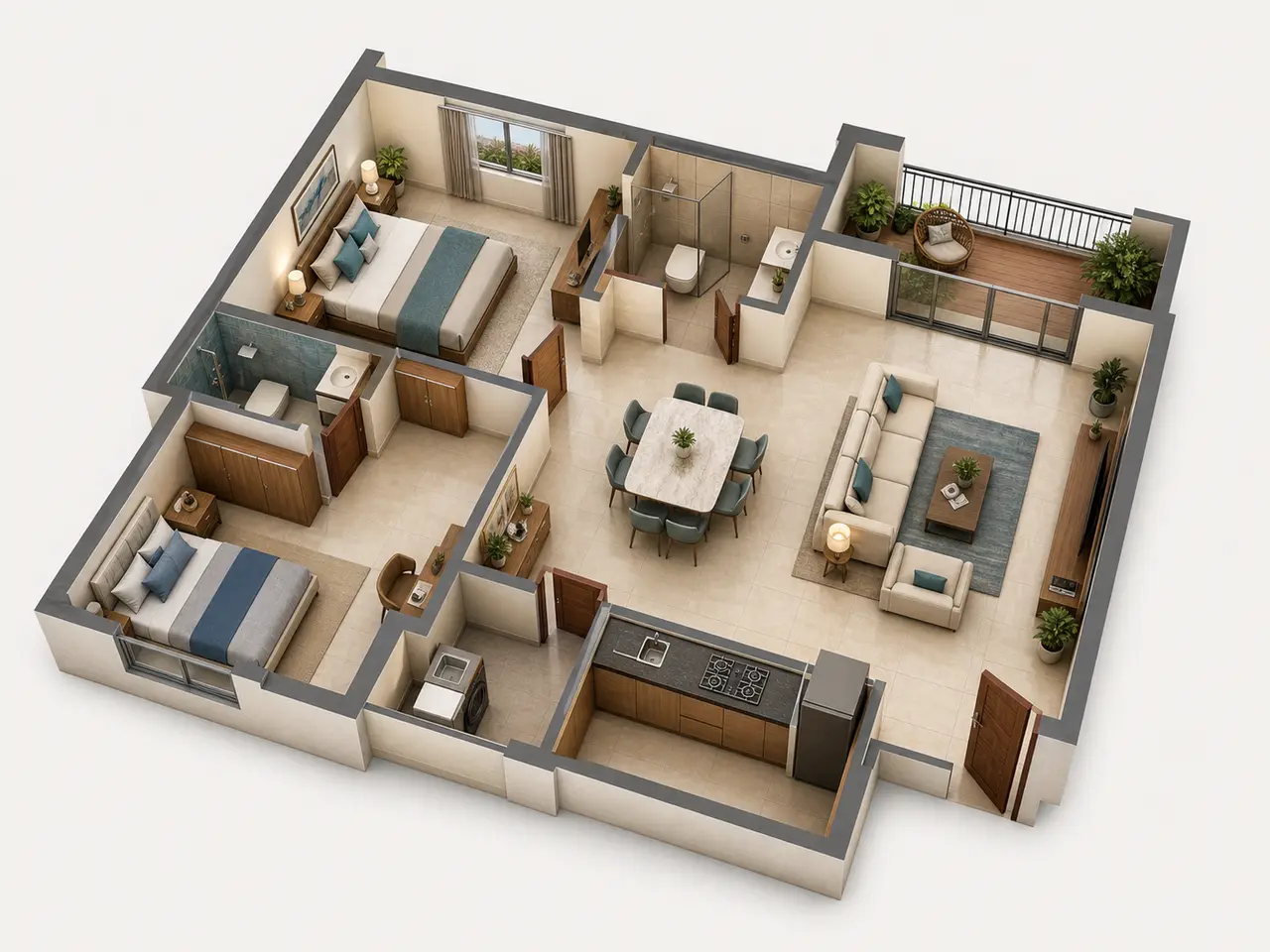 3D cutaway showing a two-bedroom apartment arrangement