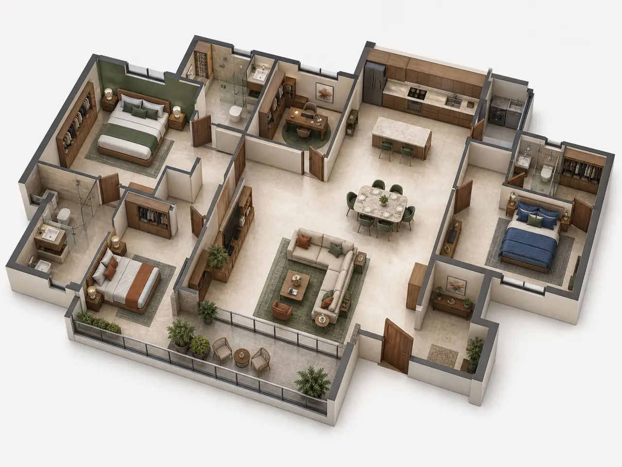 3D cutaway showing a three-bedroom apartment with a flexible study room