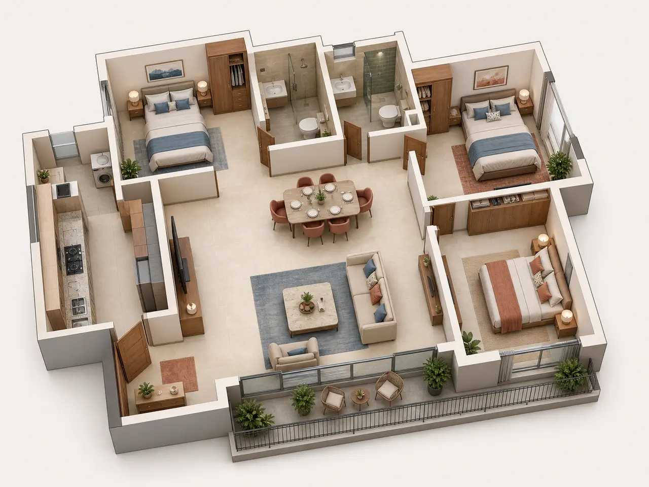 3D cutaway showing a three-bedroom apartment arrangement